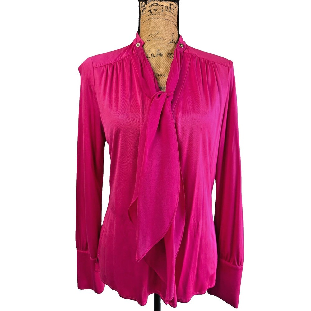 ETCETERA Pink Fuchsia Rayon Silk Tie Neck Blouse Sz 6/ M Long Sleeve